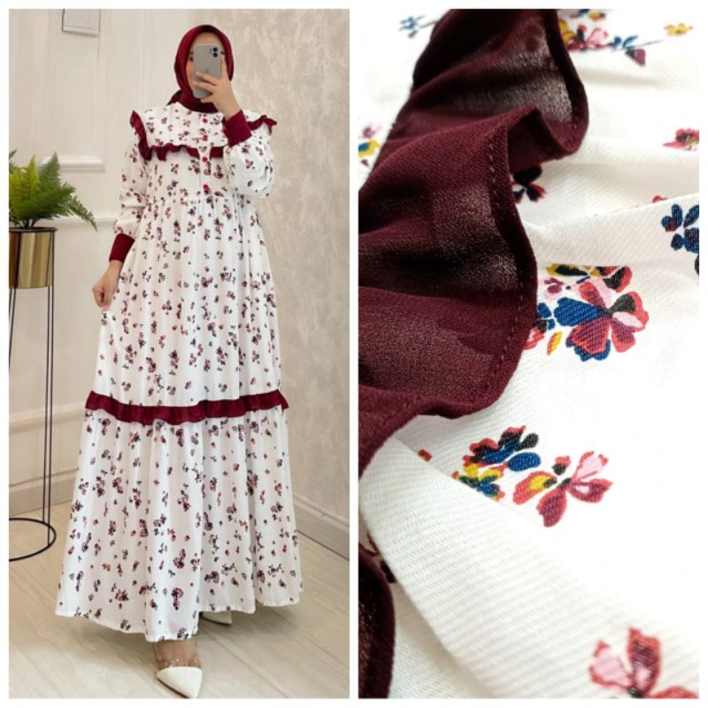 aretha midi gamis/gamis midi/gamis motif putih/gamis putih motif