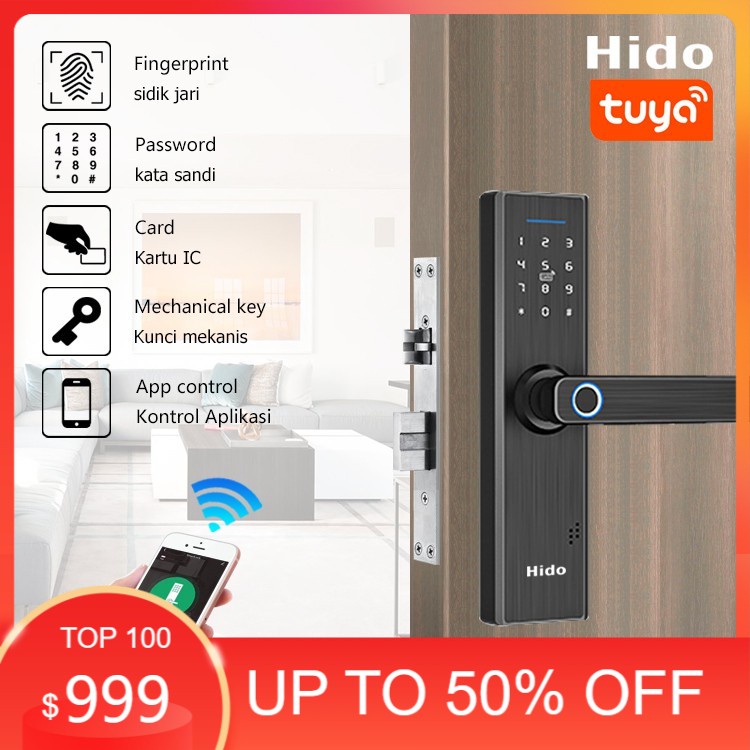 HIDO Handle Kunci Pintu Sidik jari /Kartu IC / Kontrol Aplikas Kunci Sidik Jari Smart Door Lock