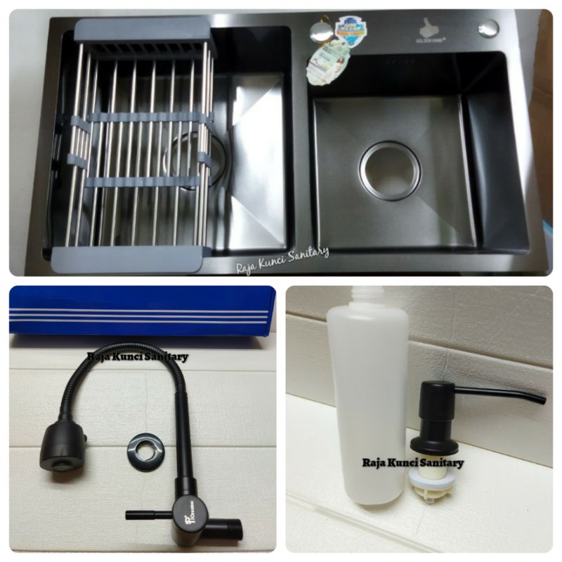 Kitchen Sink 7541 Hitam Onan Golden Hand+Kran Cuci Piring+Tempat Sabun Cair Hitam