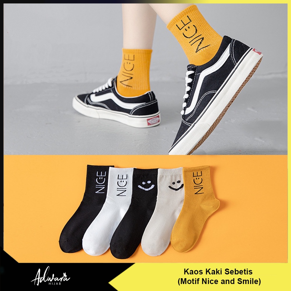 Kaos Kaki Wanita Panjang Sebetis Motif Nice Smile Gaya Fashion Korean