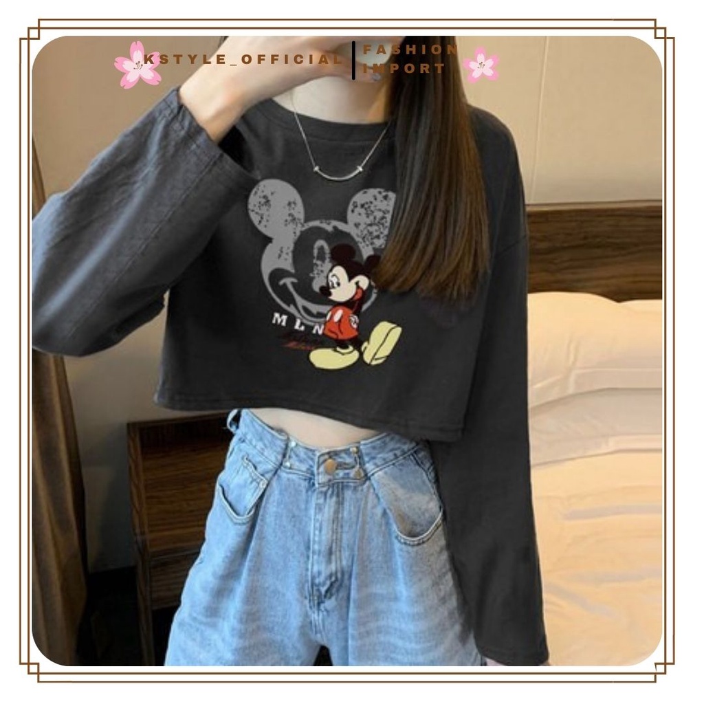 KSTYLE // Kaos Crop Top Korea Mickey Tangan Panjang Tee Tshirt Fashion Wanita Import Kpop Style