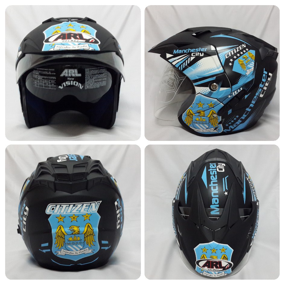 Helm ARL Club Bola Half Face Double Visor Manchester City Hitam Doff.
