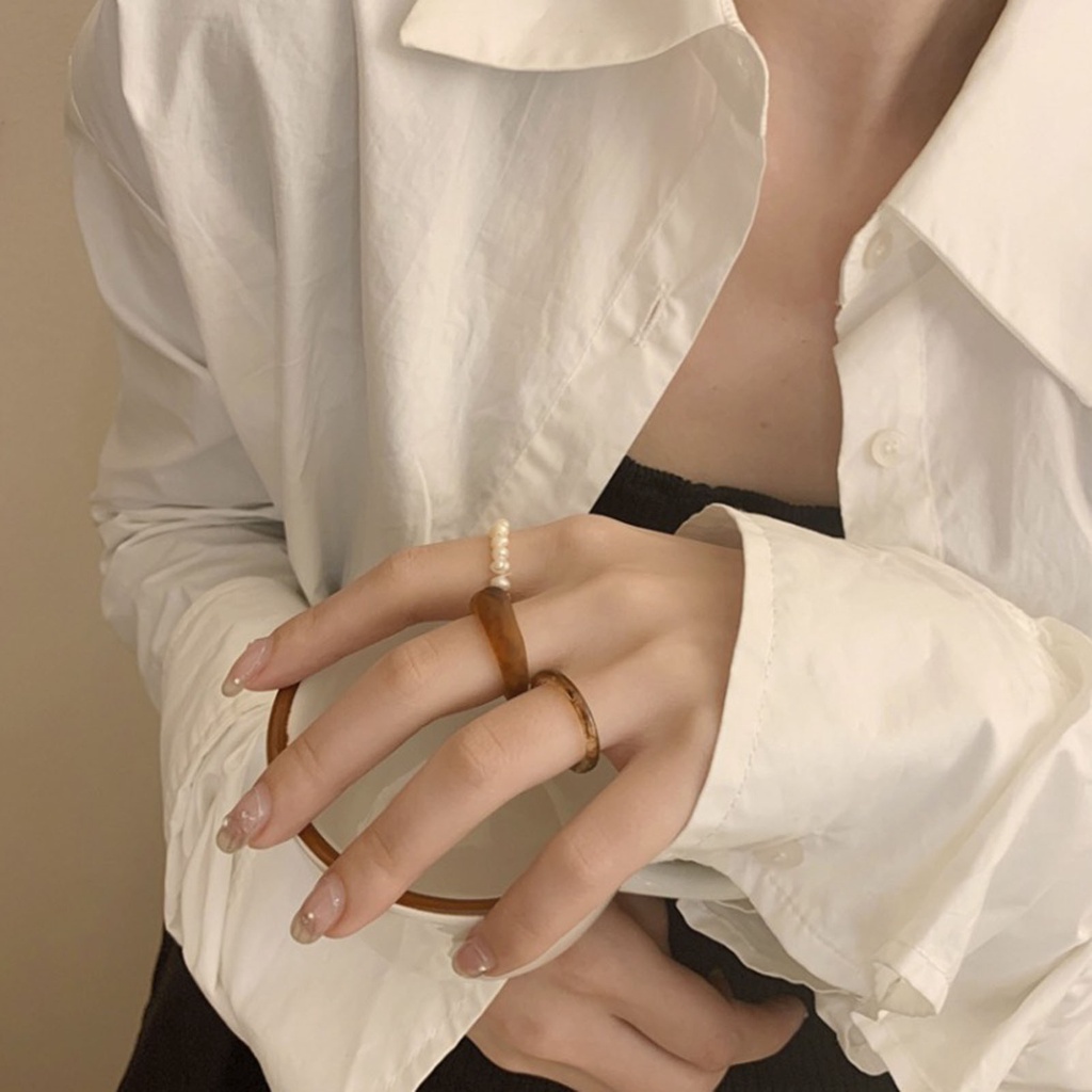 Hu Hu Hu Hu Hu Alat Bantu Pasang Kacamata♡ 3pcs / Set Cincin Jari Transparan Aksen Mutiara Imitasi Gaya Simple Untuk Wanita