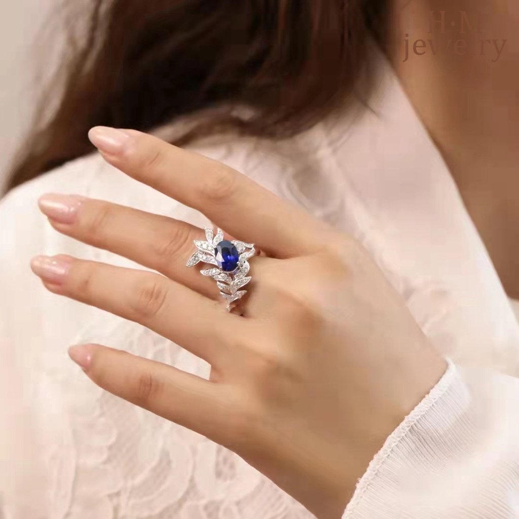 Cincin S925 Silver Model Terbuka Desain Sayap Aksen Berlian Sapphire Warna Biru