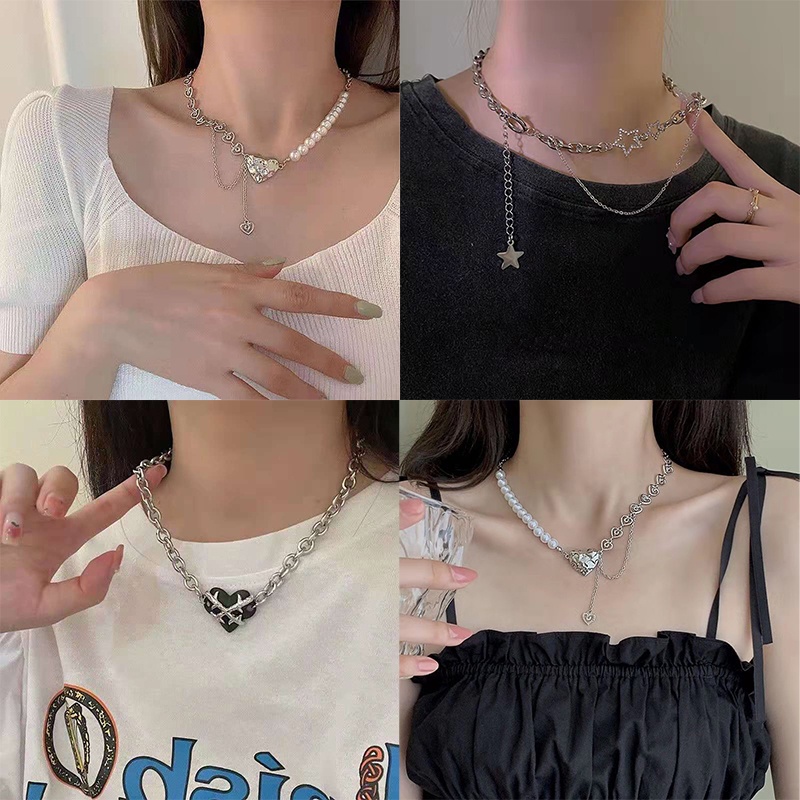 Kalung Rantai Klavikula Desain Hati Duri Aksen Mutiara Warna Silver Gaya Hip-hop Punk