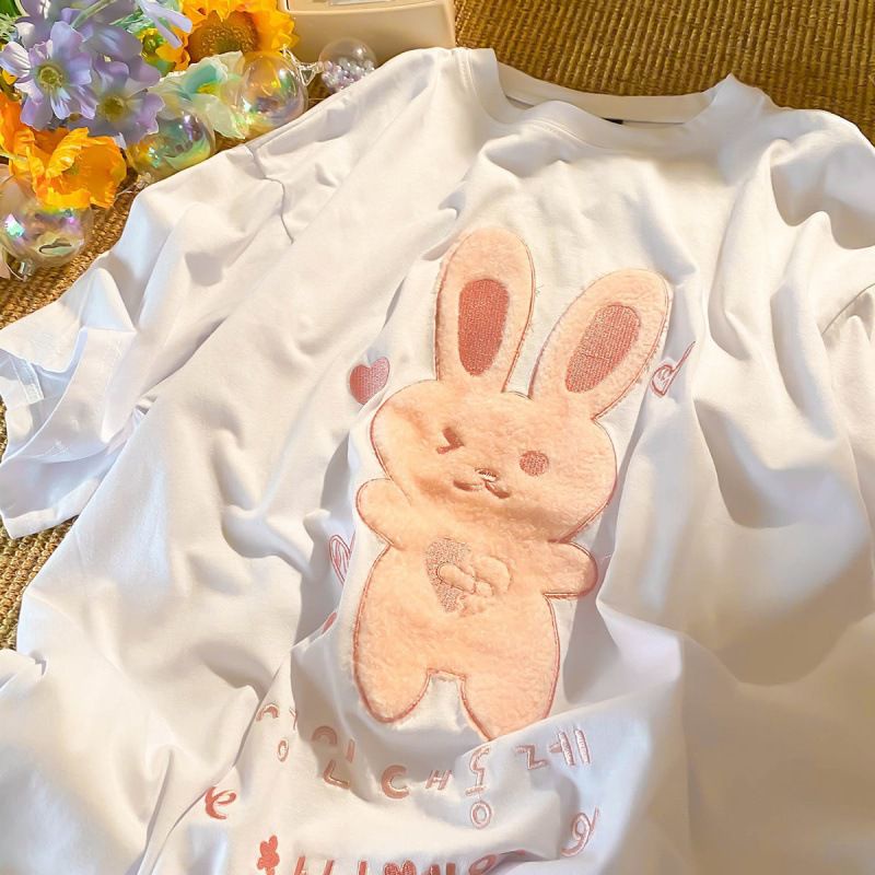 [littlecrab] Kaos Oversize Bunny Bulu With Korean Letter Writing Tshirt Kelinci Lembut Berkualitas T-shirt Bunny Love Soft Color Putih Pink Biru Kaos Unik Cute Tshirt With Soft Fur Kaos Couple Unisex Korean Style