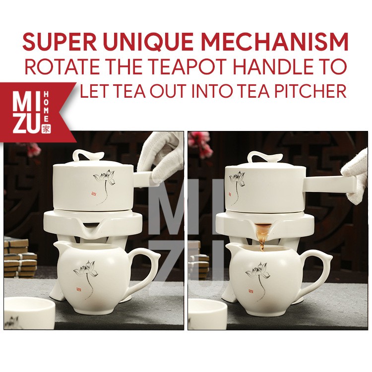 MIZU XINYANGCHA 9in1 Ceramic Rotating Stone Mill Pot Chinese Tea Set Teko 6 Cangkir Keramik-2