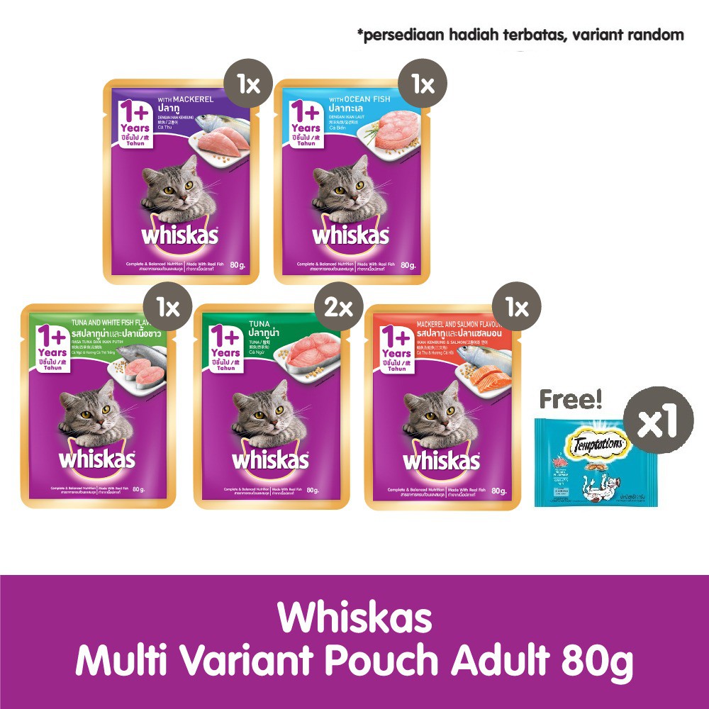 WHISKAS® Makanan Kucing Basah Pouch Multi Variant 80g - isi 6