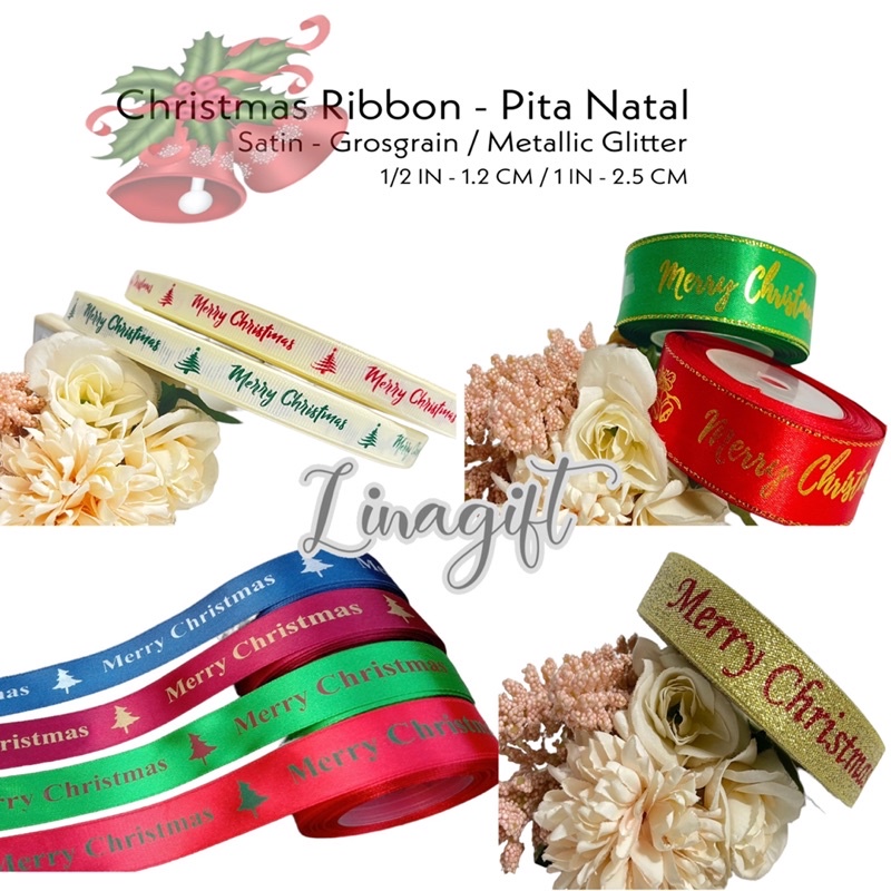 ( Meter ) PITA NATAL - PITA KADO SATIN GROSGRAIN GLITER EMAS 1IN 0.5INCH 2.5CM 4CM - PITA MERAH RED 20MM 25MM 40MM XMAS GOLD MERRY CHRISTMAS