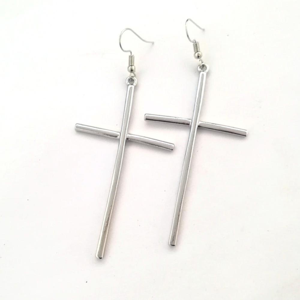 Timekey Anting Tusuk Gantung Bentuk Salib Bahan Stainless Steel Gaya Punk Rock Untuk Wanita A6K7