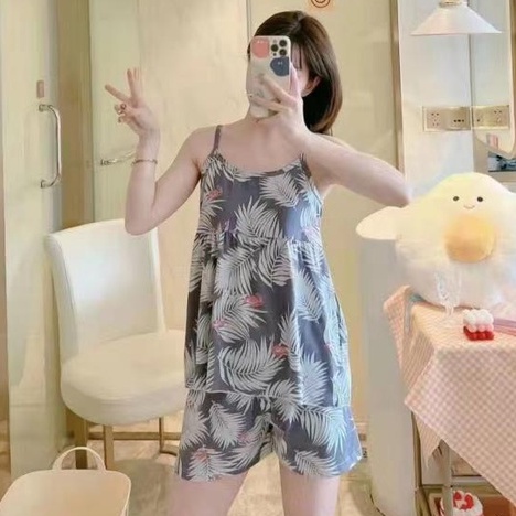 SET BAJU TIDUR WANITA + CELANA KARAKTER LUCU SATIN SNC-SNC ABU DAUN FLMGGO