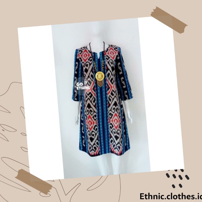dress tunik batik tenun ethnik biru tosca original