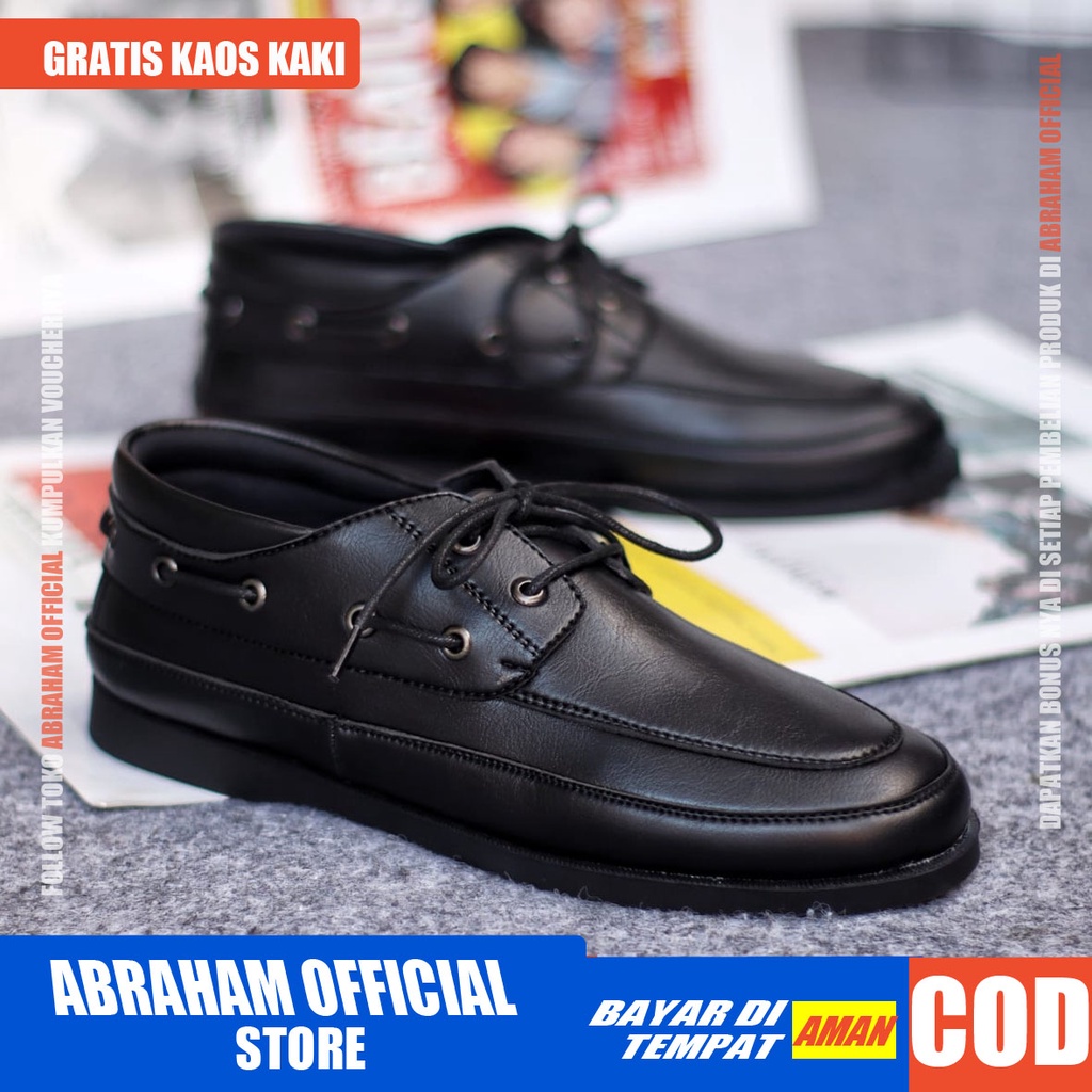 ABRAHAM Sepatu Formal Hitam Tali Pantofel Kulit Sintetis Casual Kerja Pria