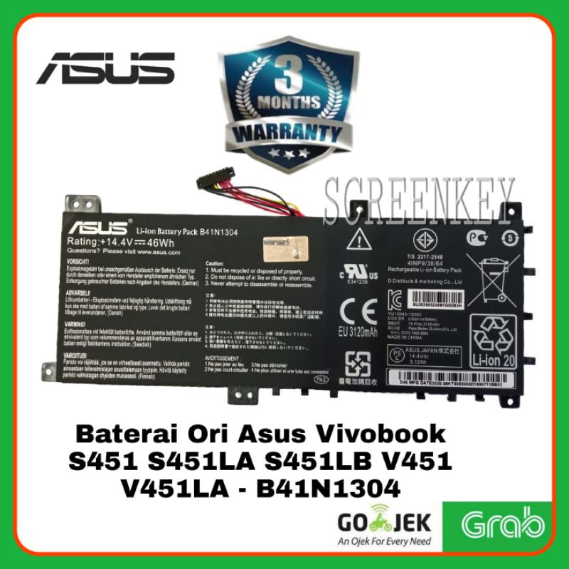 Baterai Laptop Asus Vivobook S451 S451LA S451LB A451 A451L A451LN A451LB V451 V451LA B41N1304 ORI