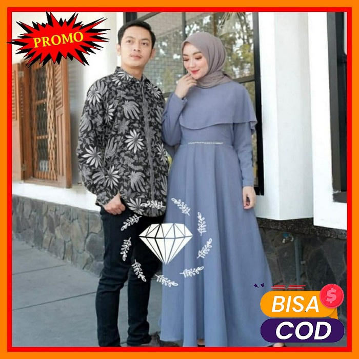 Gamis Couple Kasih Pasangan Remaja Modis Kekinian Modern Terbaru  MZ988 Couple Batik Rosalinda  Abu