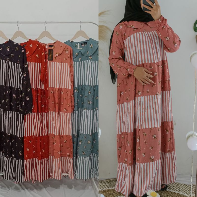 Gamis Rayon Motif Salur Kombinasi Bunga fit To XL