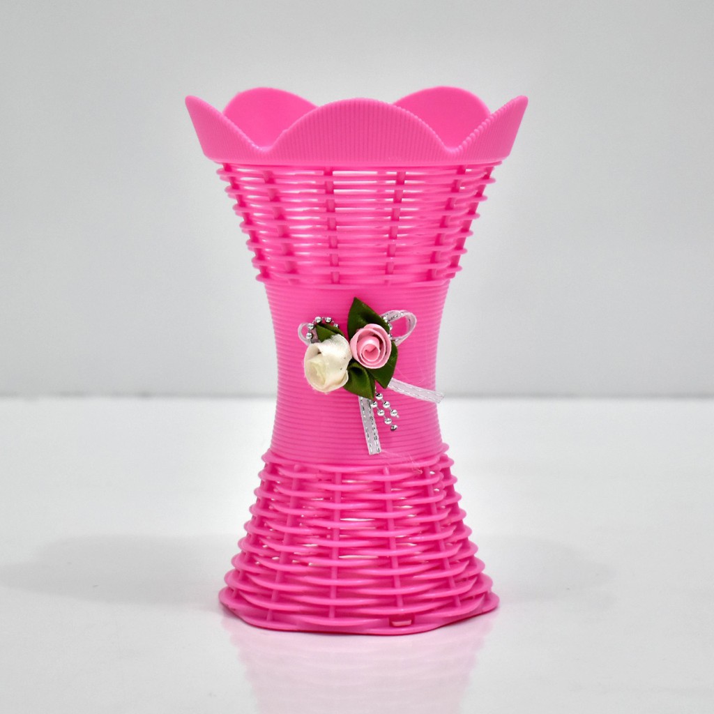 COD POT BUNGA PLASTIK VAS BUNGA PLASTIK POT BUNGA ROTTAN POT BUNGA HIASAN MEJA VAS  ROTTAN PB5013-PINK