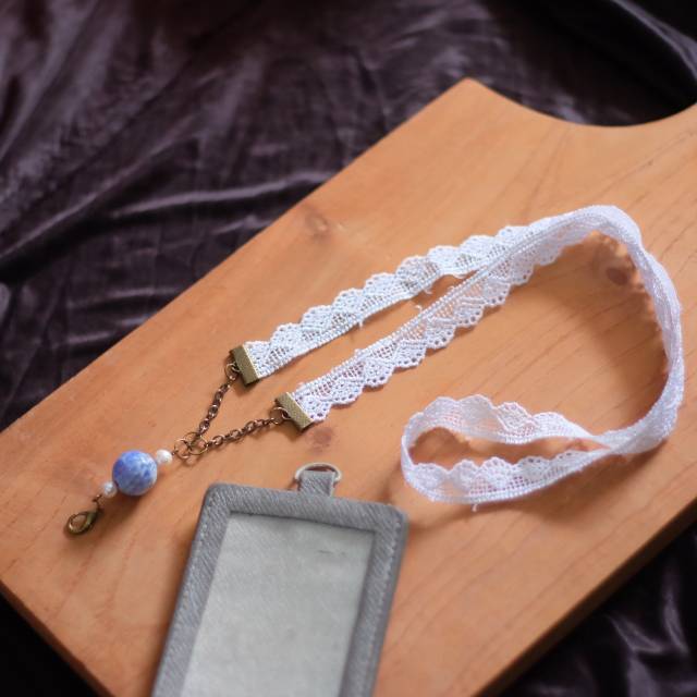 

Tali id card / lanyard renda - blue stone & pearls