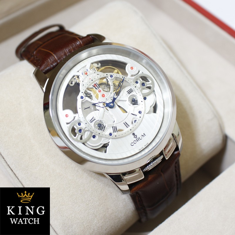 Jam Tangan Pria Corum 12609 Automatic Super Chrono Aktif Leather Silver