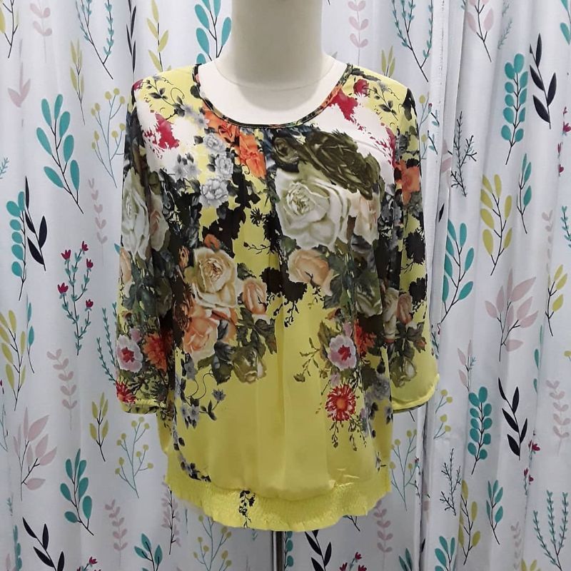blouse blus atasan wanita kuning motif bunga merk brilliant girl