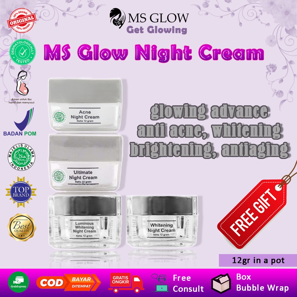 night cream crem krim malam MS Glow original ori bpom untuk pelembab acne penghilang bekas jerawat f