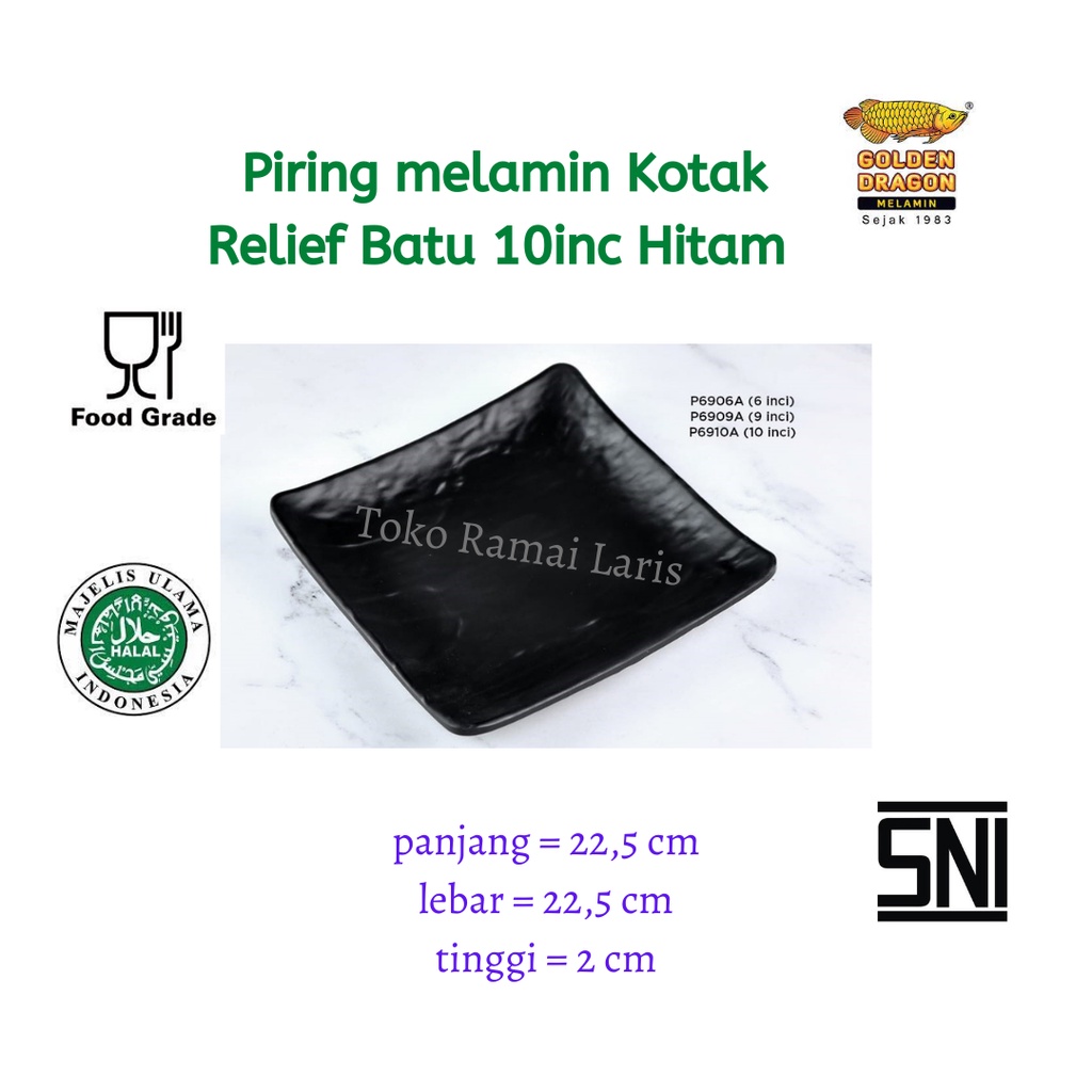 PIRING SPAGHETTI KOTAK CANTIK P6910A Piring melamin Kotak Relief Batu 10inc Hitam Golden Dragon