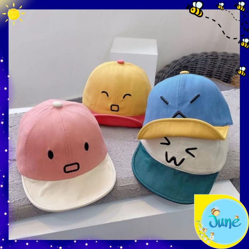 JUNE_COLLECTIONS TOPI BASEBALL FASHION HAT ANAK BAYI LAKI-LAKI DAN PEREMPUAN COWOK DAN CEWEK MOTIF EKSPRESI LUCU BORDIR EMOJI TOPI UNISEX ANAK #TP06