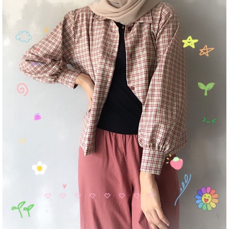 KEMEJA TARTAN CROP / OUTER CROP TERBARU / KEMEJA WANITA KEKINIAN-Berry