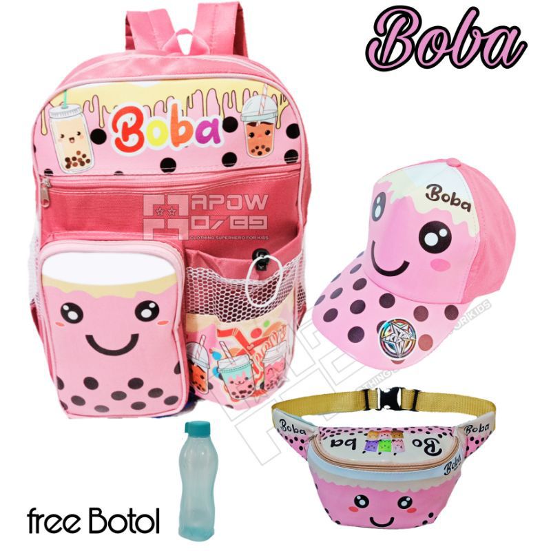 Tas Ransel Anak Perempuan Karakter Boba 3in1 - tas + waistbag + topi free botol minum