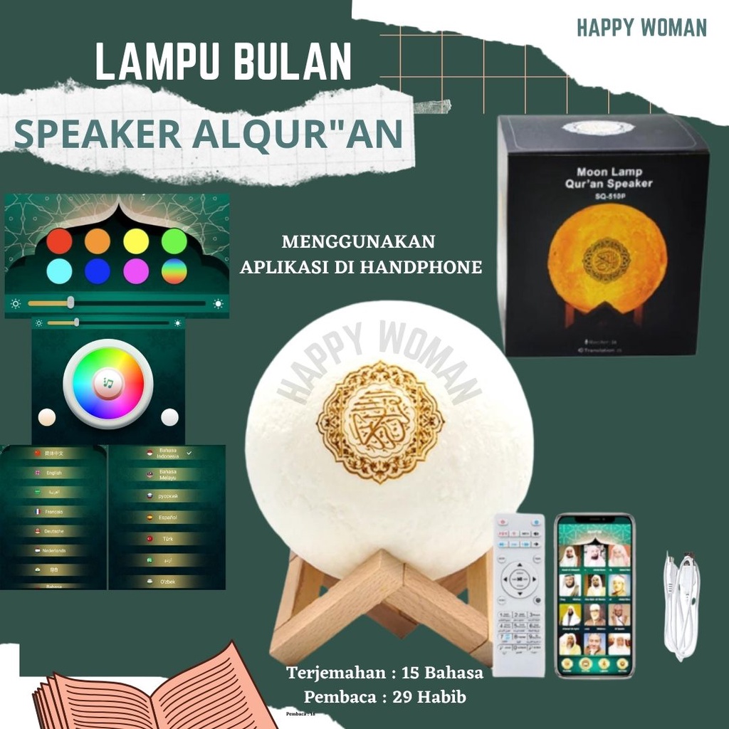 Lampu Bulan 3D Al Quran Alquran Speaker Digital Bluetooth with Remote 7 Color Speaker Murottal Alquran Lampu Tidur