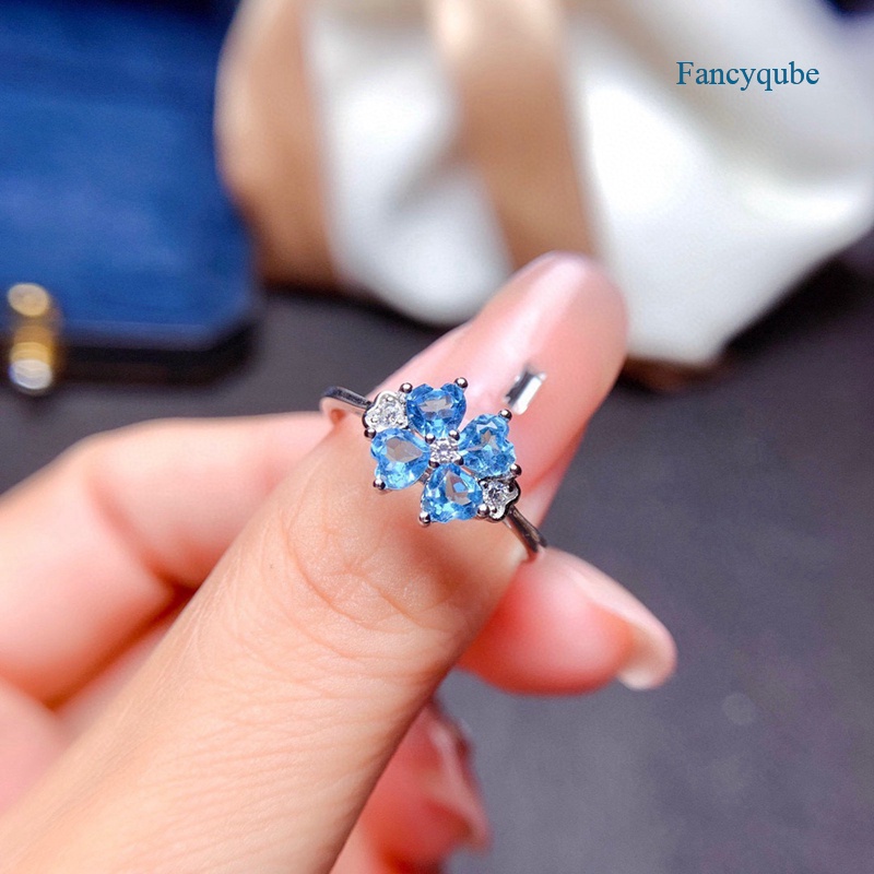 Fancyqube Cincin Sterling Silver 925 Model Terbuka Desain Daun Clover Hias Topaz Biru Untuk Wanita