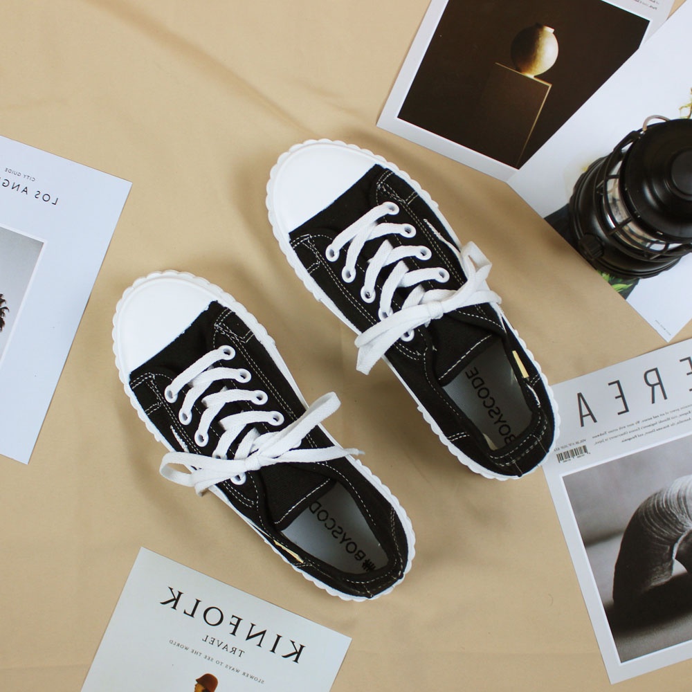 Sepatu Sneakers Korean Style Boyscode Motif Thunder Pendek Hitam Putih / Sepatu Canvas Korea Terbaru Kekinian