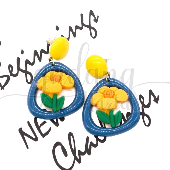 Anting Stud Yellow Flower In Frame Earrings Motif Bunga GH 203360