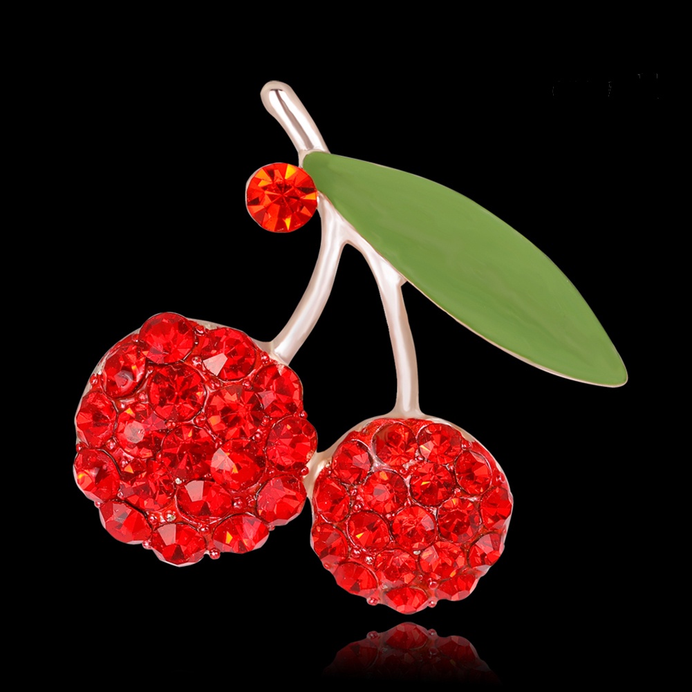 OW@ Women's Gorgeous Cute Red Rhinestone Cherry Leaf Fruit Brooch Pin Accessory