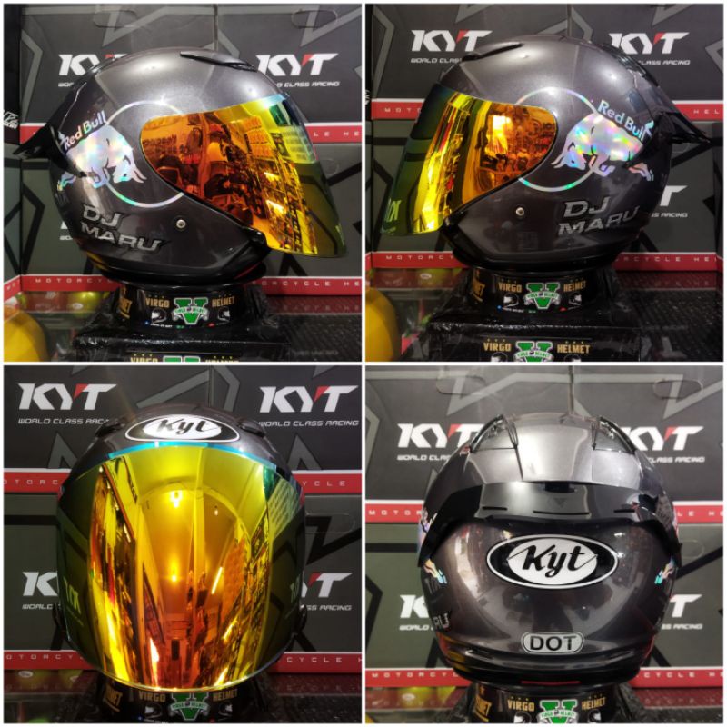 KYT DJ MARU SOLID GUNMETAL PAKET GANTENG RED BULL VISOR IRIDIILUM + SPOILER