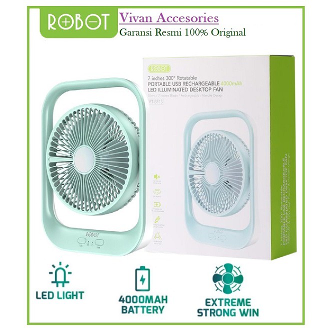 Robot RT-BF13 4000mAh 7 Inch Fan Portable Desktop Rotatable Fan &amp; LED KIPAS ANGIN