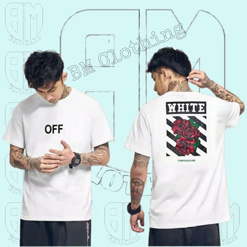 BAJU KAOS T SHIRT ATASAN DISTRO PRIA WANITA COWOK CEWEK OFF WHITE GAMBAR BUNGA MAWAR ROSE KEREN ORI