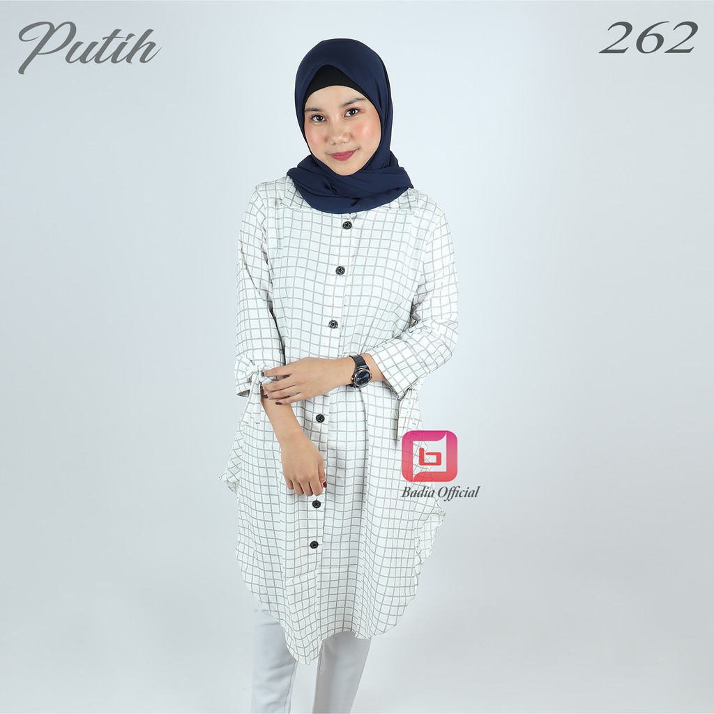 tunik kemeja flanel kotak kotak garis garis motif pita di ujung lengan panjang bahan moscrepe nutupin pantat wanita premium