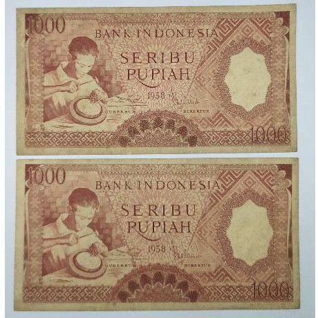 UANG KUNO 1000 rupiah coklat tahun 1958 VF