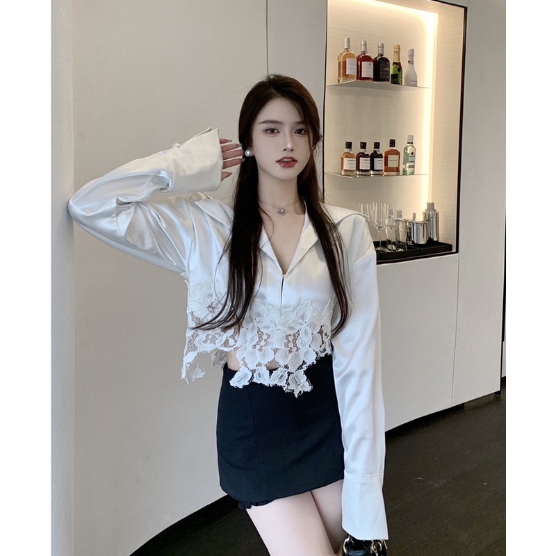 Suhao Shirt Lace Lengan Panjang Kemeja Crop Top