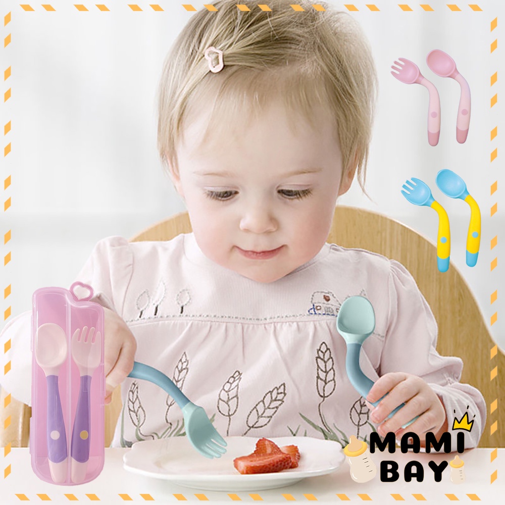 Mamibayi Sendok garpu set BPA Free/mpasi peralatan makan bayi 360° bisa ditekuk