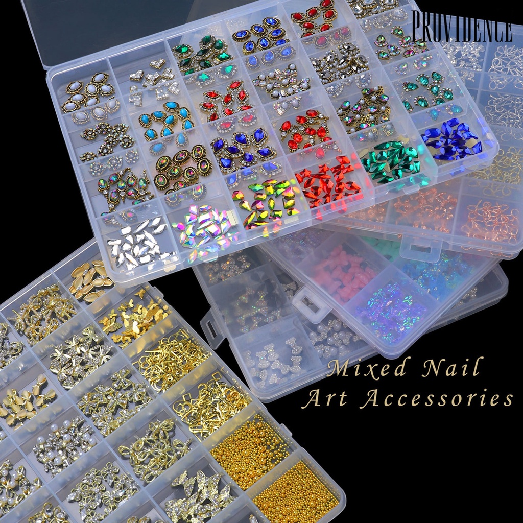 Providence 24Grids/Box Flat Back Nail Rhinestones DIY Easily Stick Mixed Colorful AB Nail Art Glitter Decorations for Manicure