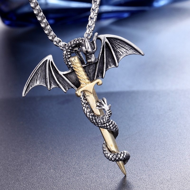 Kalung Liontin Salib Naga Pterosaur Gaya Vintage Gothic Punk Untuk Pria