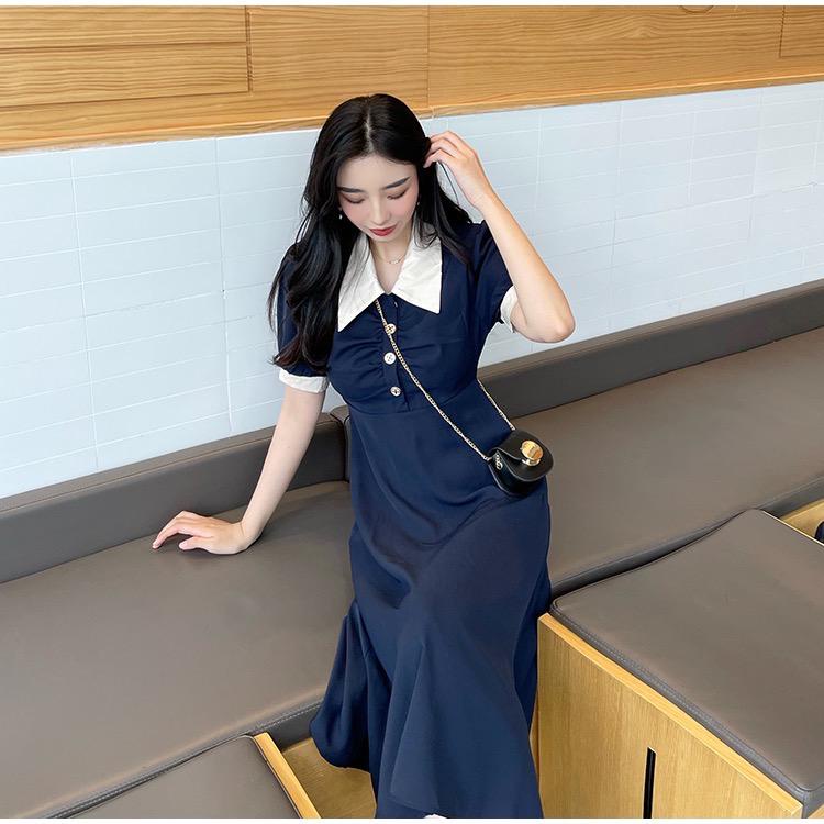 [littlecrab] Dress Panjang Lengan Pendek Berkerah Kancing Kayu X Biru Dongker Hitam Two Tone Long Dress Kerja Acara Simple Elegan Berkualitas Simply Korean Style