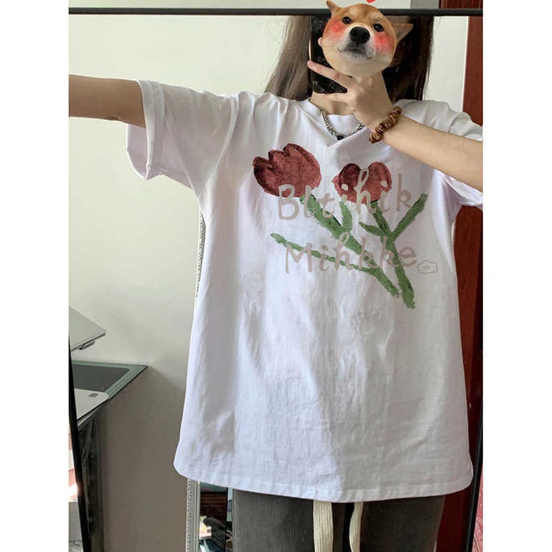 XIAOZHAINV Kaos Atasan Wanita Tulip Pattern Lengan Pendek Hitam 0005