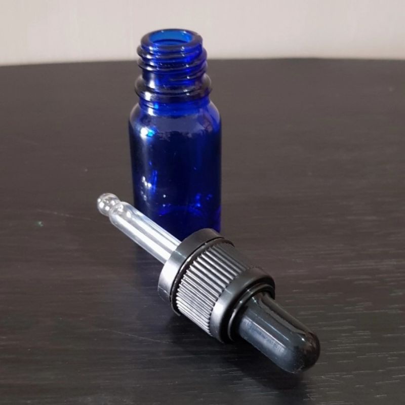 botol kaca pipet 10ml tebal biru - ring segel hitam