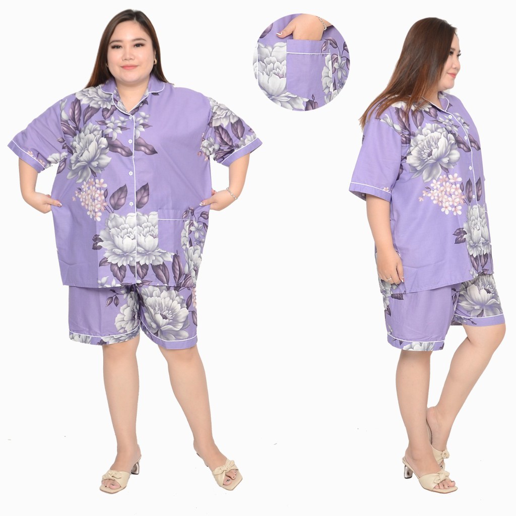 PIYAMA JUMBO CELANA PENDEK WANITA LD 130 120 SET BAJU TIDUR CEWEK DEWASA SETELAN KATUN KARAKTER-HANAMI LILAC