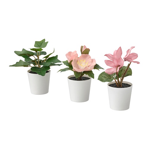 FEJKA Tanaman pot palsu dengan pot, set isi 3, hijau pink / hijau putih, 6 cm