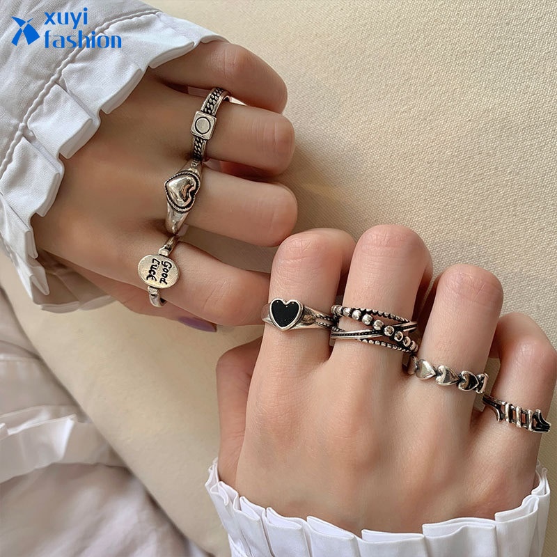 7pcs / Set Cincin Silver Desain Hati Untuk Wanita