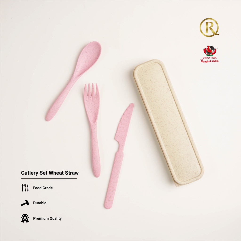 Sendok Set 3 in 1 Kotak Alat Makan Wheat Straw Pink Sendok, Garpu, Pisau